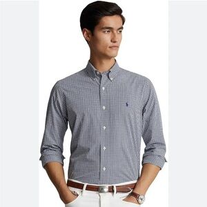 RALPH LAUREN, Slim Fit Gingham Stretch Poplin Shirt In Black /White Size Medium